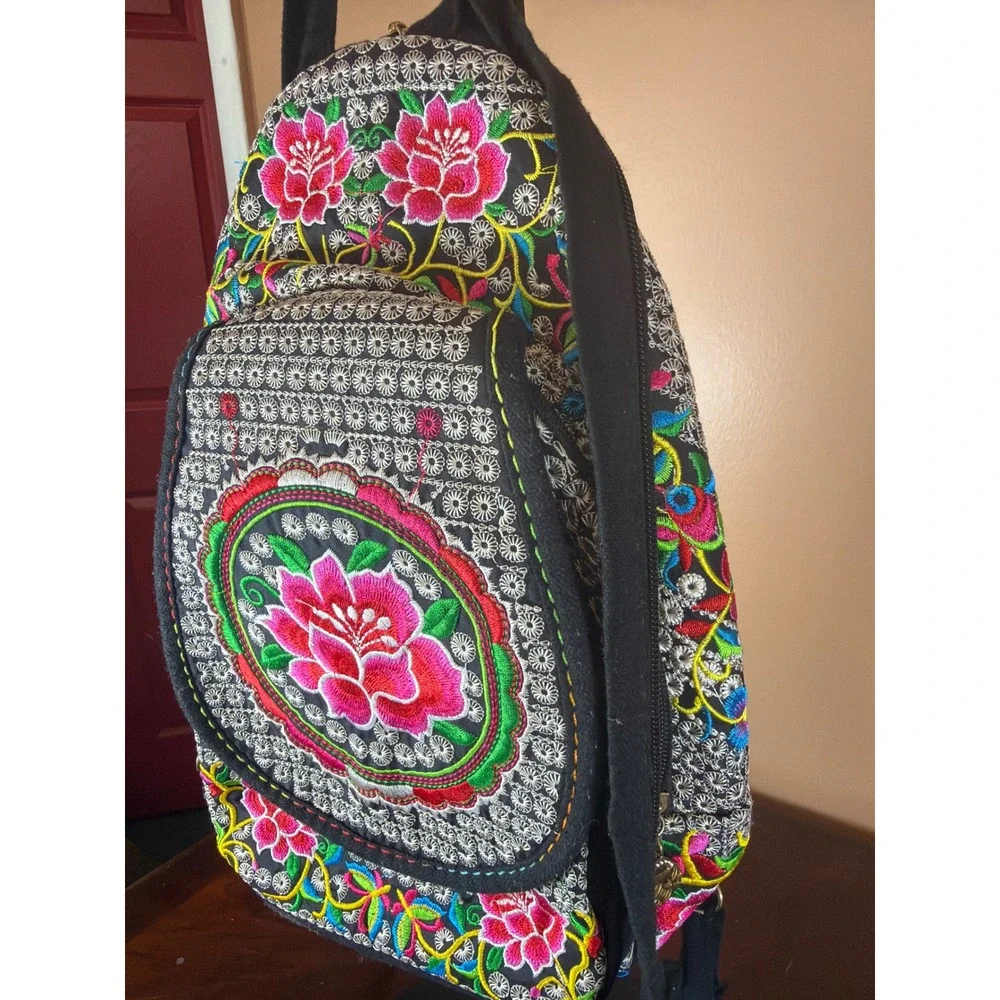 Boho‎ Floral Embroidered Mini Backpack Sling Bag Black Pink Lotus Folk Art